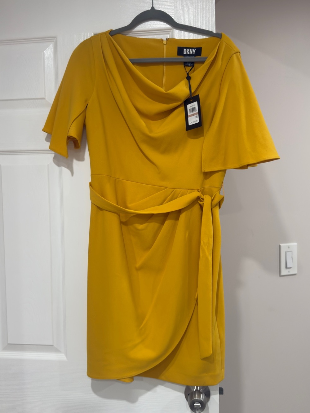 DKNY Mustard Yellow Draped Cowl Midi Dress with Tie Waist